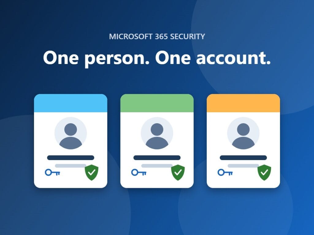 Three individual user account cards, each with its own key and security shield, under the heading One person. One account.